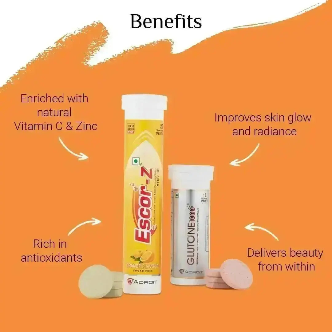 Glutone 1000 Effervescent Tablets and Escor-Z Natural Vitamin C Tablets Orange Flavour (Pack of 2+2) | Skin Glow and Radiance | Boosts Collagen I Beauty from Within