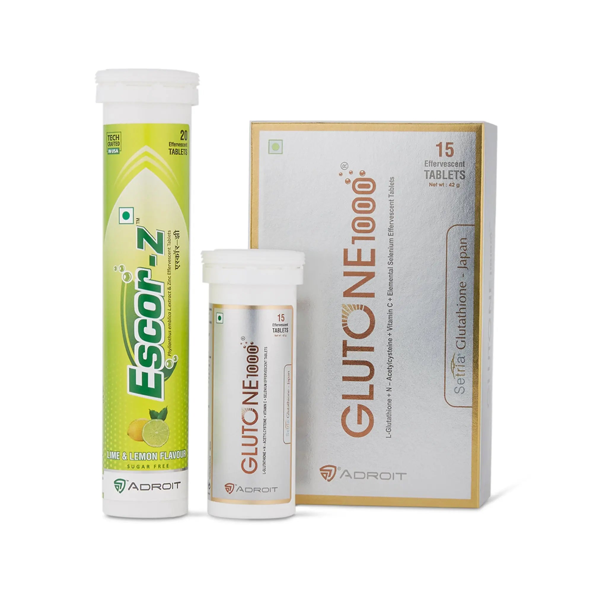 Glutone 1000 Effervescent Tablets with Escor-Z Natural Vitamin C Tablets Lime & Lemon Flavour Pack of 2 | Skin Glow and Radiance | Even Skin Tone I Boosts Collagen