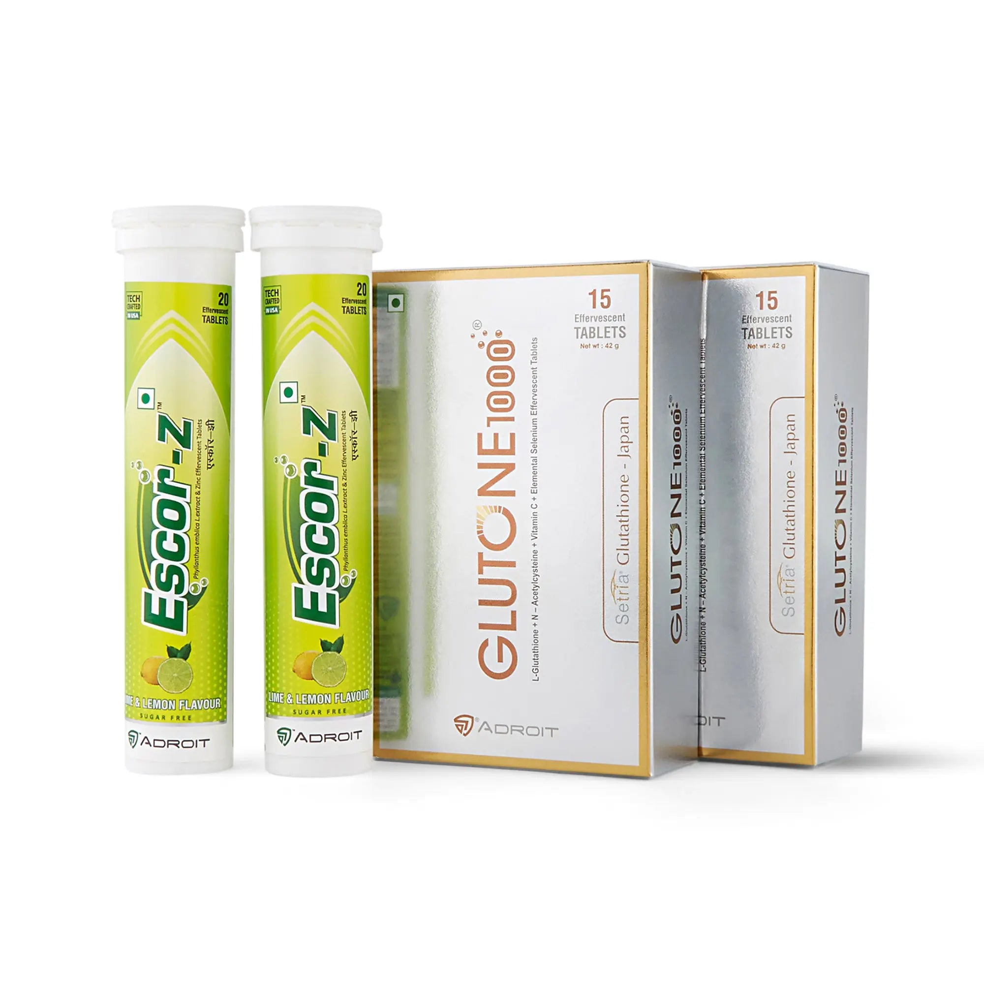 Glutone 1000 Effervescent Tablets and Escor-Z Natural Vitamin C Tablets Lime & Lemon Flavour (Pack of 2+2) | Setria Glutathione | Skin Glow and Radiance | Beauty from Within