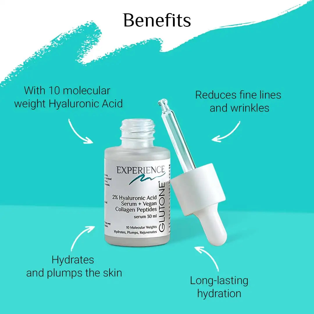 Glutone 2% Hyaluronic Acid Serum Enriched with Vegan Collagen Peptides I 30 ml I 10 Molecular Weights | Hydrates | Rejuvenates | Boosts collagen | Delays skin aging